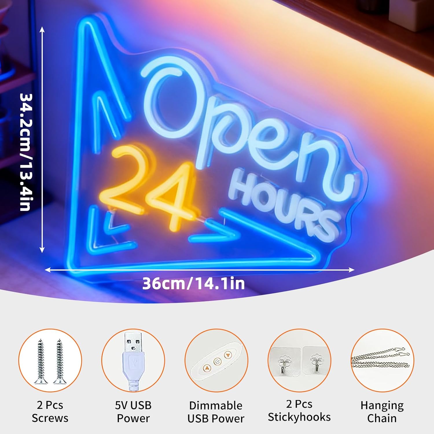  24 Hours Open Neon Sign USB  - Decor Lighting Opening Hours 评论和价格