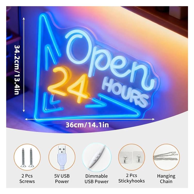 Open 24 Hours Neon Sign USB Po - Decor Lighting Opening Hours 评论和价格
